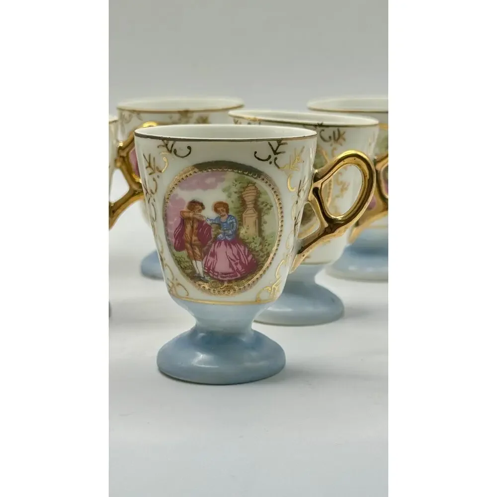 Vintage Japan Demitasse Cups Set of 8‎ Blue Gold Courting Couple Porcelain